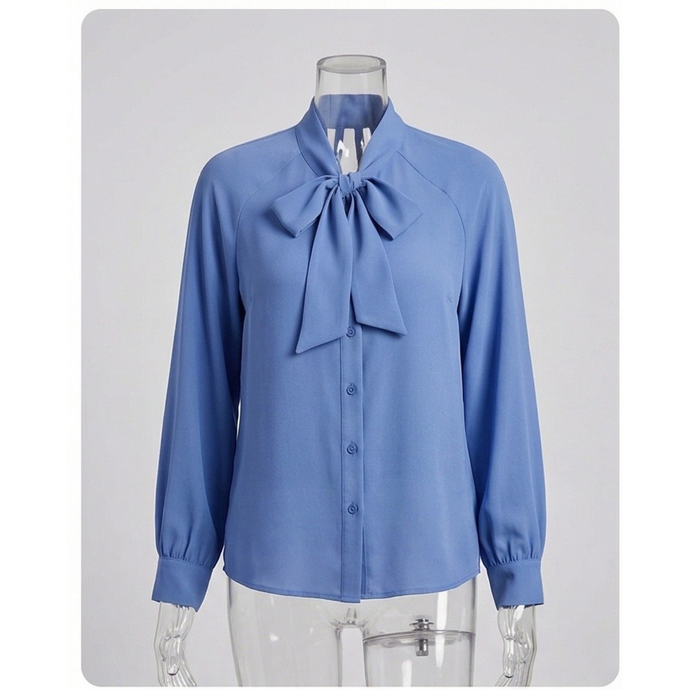 New York & Company Blue Tie Neck Blouse XL Long Sleeve Cage Back Career Top NWT